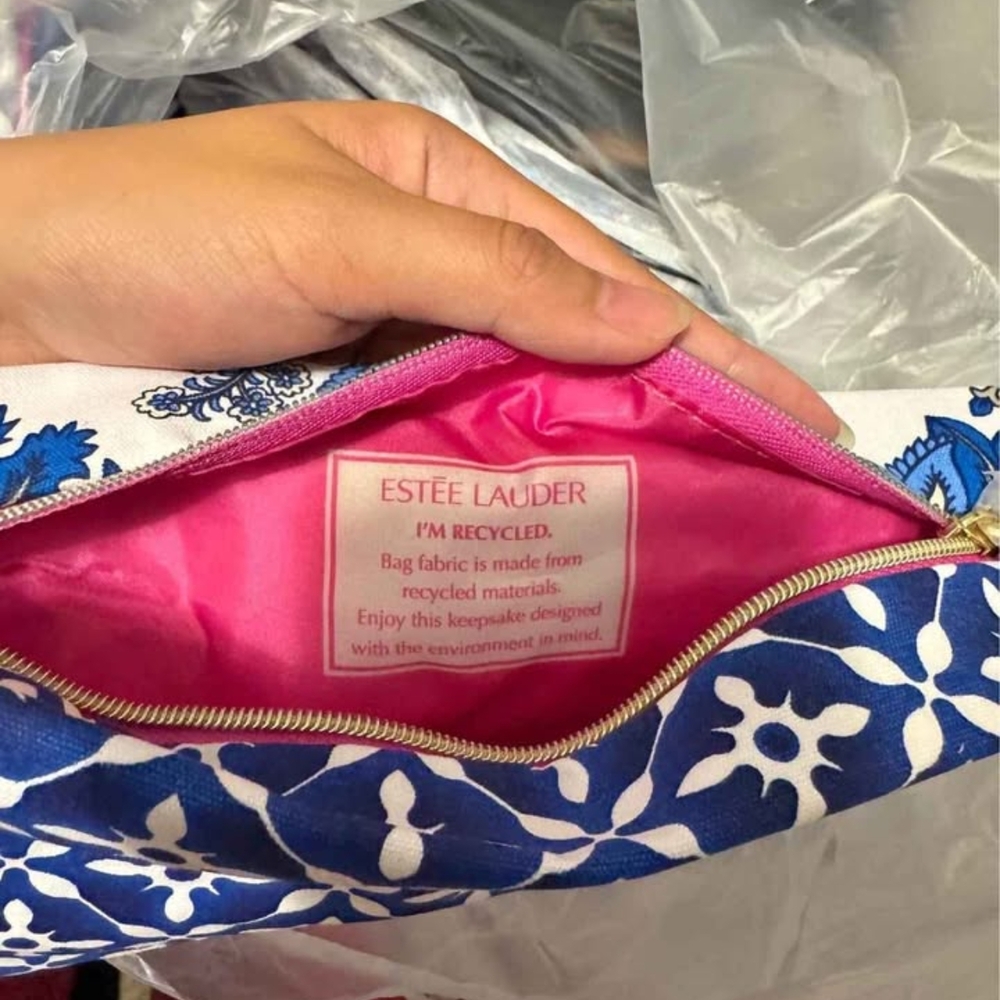 Estee Lauder Pink Lined Blue Floral Cosmetic Bag